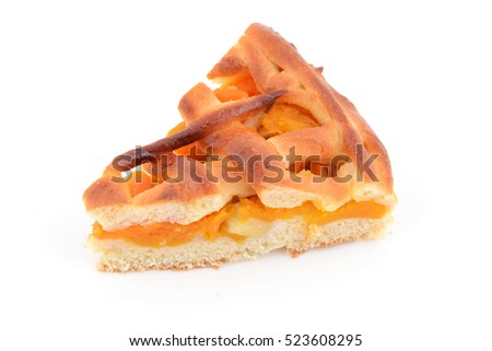 Image, Stock Photo Apricot pie with one sliced piece. Top view of a lattice crust pie