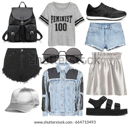set of stylish clothes woman trendy fashion clothes collage on white