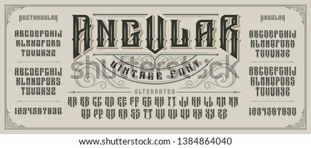 Angular display font with serifs and drop shadow in retro style. Perfect for alcohol labels, vintage tattoo logos, headlines and many other. All elements are on the separate layers.