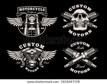 A set of black and white motorcycle emblems on dark background