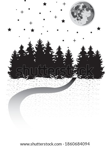 fullmoon and forest and stars black and white vector illustration of winter night landscape