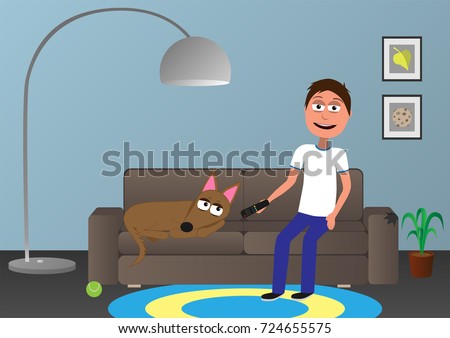 man relaxing on couch and watching tv with his brown dog funny vector illustration 