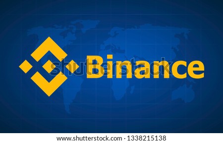 Vector illustration of Binance. Virtual electronic, internet money or cryptocoin symbol on a blue world map  background. Binance coin cryptocurrency blockchain icon. 