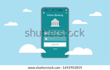 Illustration of secure online banking on smart phone. Ubiquitous banking services on the cloud. Digital transformation on financial industry.