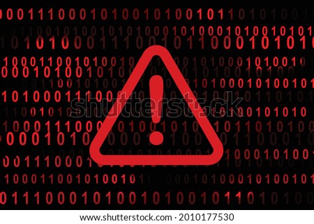 alert warning sign with digital binary code in the background. Exclamation mark. Hacker, ransomware malware, ddos attack cyber incident cybersecurity systems vulnerability malicious encryption concept