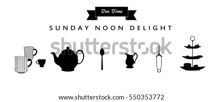 Tea Time Set_Kitchen Utensils_Mug, Tea Cup, Teapot, Kettle, Milk Pot, Spoon, Infuser, Strainer, 3 Tier Plate Stand, Cake Stand, Cup Cake, Biscuit, Cookie. Vector Illustration.