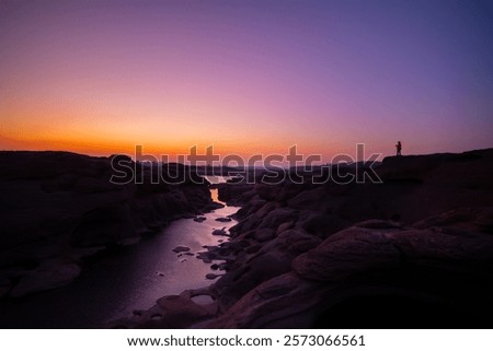 Similar – Image, Stock Photo Silhouette of traveler standing on top of mountain