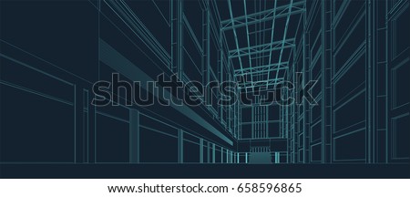 atrium space in a modern building in wire frame style
