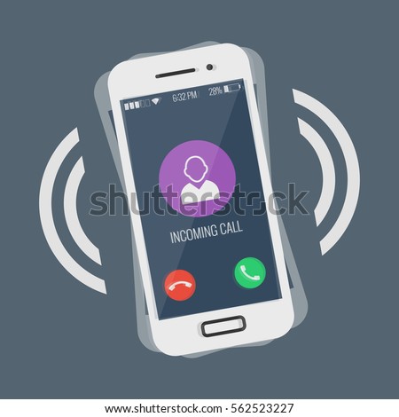 Ringing smartphone flat design vector illustration isolated on colored background. Incoming call on mobile phone device, can be used as icon, symbol, logo or web design and infographic element, eps10.