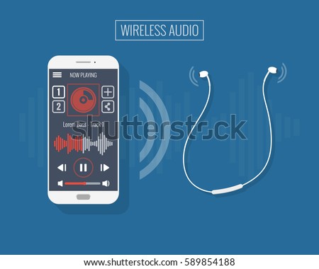 Responsive music player smartphone application and wireless earphones in flat design style on colored background. Audio streaming app for mobile phone device, conceptual vector illustration eps10.