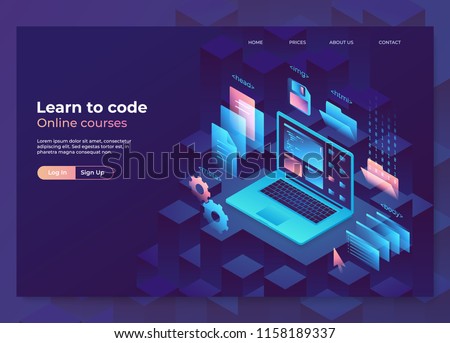 Landing page concept, header for website. Online education illustration, programming and coding process. Isometric laptop with graphic elements. Eps10 vector