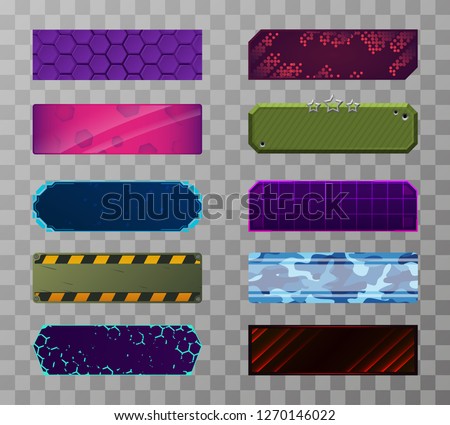 Set of 10 gaming panels in various styles. Symmetric twitch panels for streamers. Military, modern, futuristic, retro design. Eps10 vector