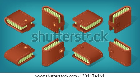 Set of isometric wallets from different angles. Brown leater pouch filled with money. Purse case for coins. banknotes, credit cards. 3D Isometric objects on a blue background. Eps10 vector
