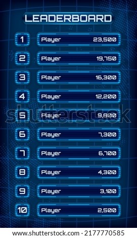 Leaderboard design with neon borders on blue futuristic background. List of ten players with a score. Space design for mobile application. Eps10 vector