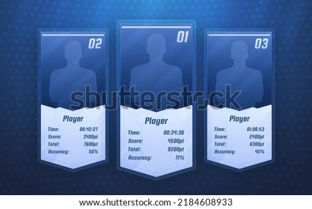 Top 3 players score screen. Game ranking holographic pedestal. Winners virtual board with statistics. Best players of all time. Hall of fame. Eps10 vector
