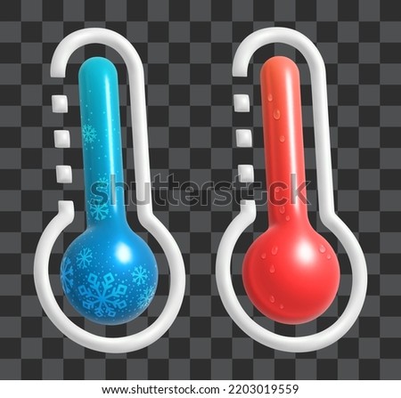 Vector thermometers 3D icons set. Cold covered with snowflakes, and Hot covered with water drops. Realistic glass icons Eps10 vector