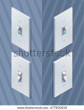 Isometric light wall switch. On and off modes. Toggle switch. Eps10 Vector.