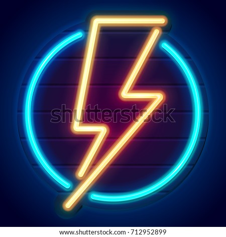 Neon lightning bolt on a wooden signboard. Banner on dark background. Eps10 vector