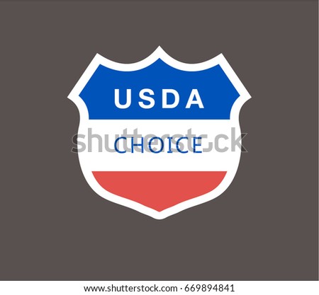 USDA emblem blue ,white and red colors Inside the shield with white border on gray background.Simple flat design.