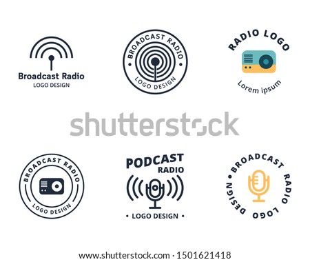 Broadcast radio logo template. Radio and microphone vector emblems set. Broadcast logo set. Podcast, Broadcast radio logo concept. Radio logo template. Vector icon isolated on white background.