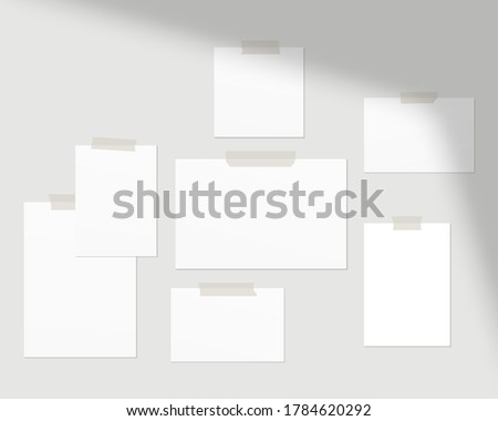 Mood board mockup template. Empty sheets of white paper on the wall with shadow overlay. Mockup vector isolated. Template design. Realistic vector illustration.
