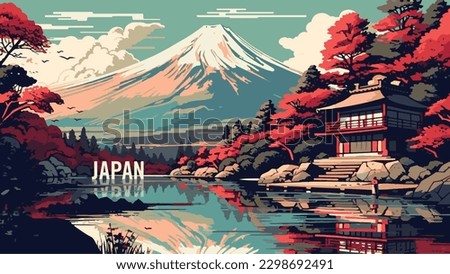 Mount Fuji, Japan with Autumn scenery. Suitable for calendar, postcard, poster and banner.  Vector Illustration.