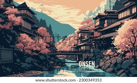 Japan Onsen Hot Spring. Suitable for Web Banner, poster and magazine. Japan tourism. Modern anime art style illustrations. Vector Illustration