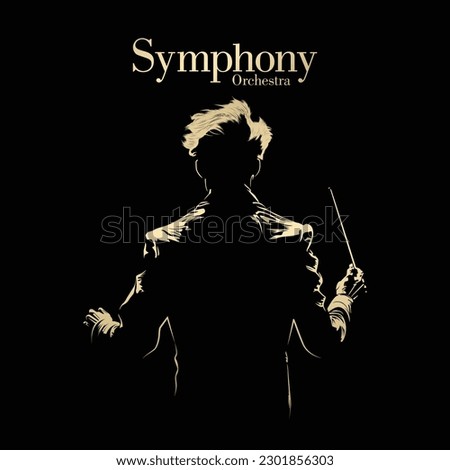 Silhouette of music conductor.  Maestro. Modern symphony orchestra Poster template. Vector Illustration.