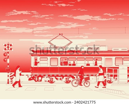 Japan, tourism poster template. Japan Railway system in modern stylish illustration. A tram-train in kanagawa Japan. Light rail vehicle. Japanese. translation: Caution and no entry.