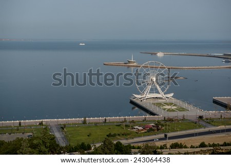 View from above to the highland Park to the Baky seafront and Baku eye