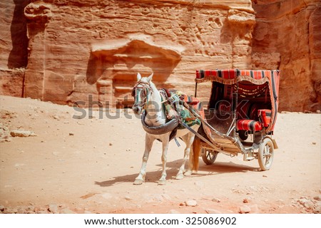 Horse with cart at the ancient site of Petra. The main tourist destination in Jordan