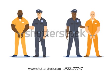 Set of Guard officers escorting prisoners in handcuffs. Vector illustration.