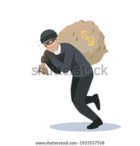 The thief has stolen a large bag of money and is carrying it with great difficulty. The criminal steals money.