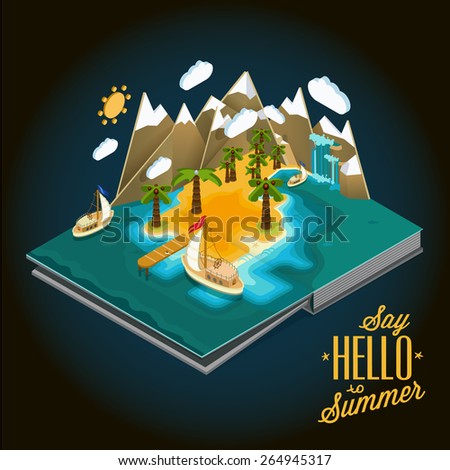 Flat landscape isometric concept ? desert island with a pier and boat, ocean, blue lagoon, paradise piece of land, sultry summer vacation on the beach.. Pictured 3d isometric concept.