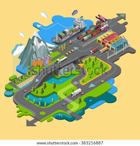Isometric delivery of cargo, railway, truck, maritime transport logistics, loading, transport, location, 3d vector. The concept of landscape with cargo delivery system