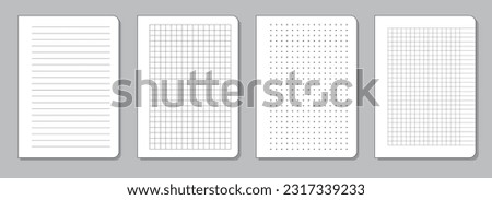 Vector mockup of blank pages of a notebook or notepad in line, cell, dot, and grid with margin through with curled edges, set of templates of the inner page of office or school stationery.