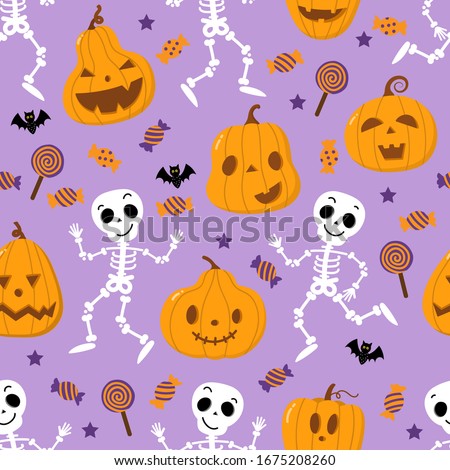 Cute spooky orange pumpkin, skeleton, bat, lollipop and candy seamless pattern. Halloween holidays cartoon character set. Trick or treat background. -Vector