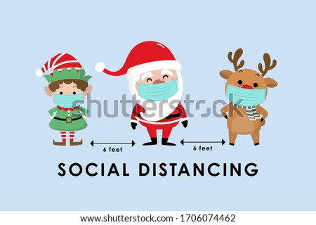 COVID-19 and social distancing infographic with cute Christmas cartoon character. Santa Claus, little elf and reindeer with surgical mask in flat style. Corona virus protection. -Vector
