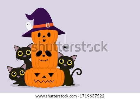 Happy Halloween greeting card with cute black cat and spooky pumpkin wear witch hat. Animal holidays cartoon character. -Vector.