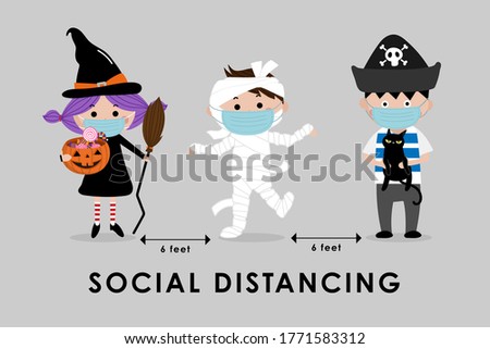 COVID-19 and social distancing infographic with cute Halloween cartoon character. Kids in witch, mummy and pirate costume with surgical mask. Corona virus protection. -Vector