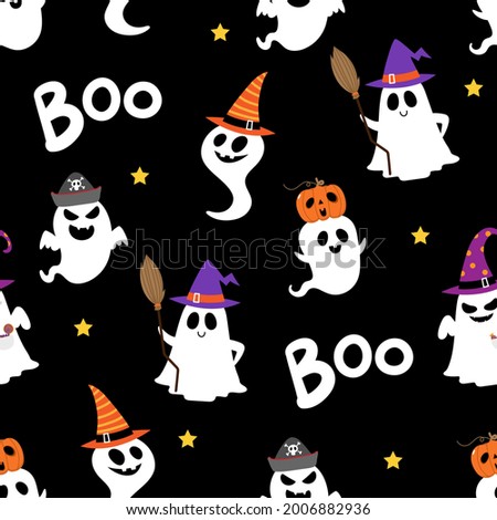 Happy halloween party seamless pattern background with cute ghost and fancy hat. Holidays cartoon character. -Vector