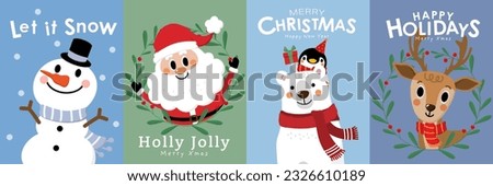 Merry Christmas and happy new year 2024 greeting card with cute Santa Claus, snowman, bear, penguin and deer. Holiday cartoon character in winter season. -Vector 