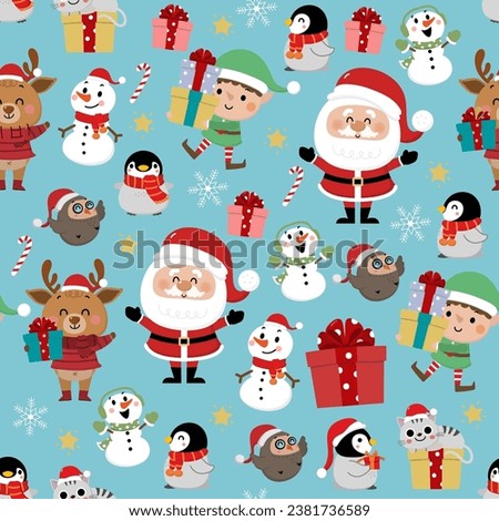 Santa Claus, deer, snowman, owl, penguin, elf, cat and xmas gift seamless pattern and background. Animal in winter costume and Christmas cartoon character wallpaper. -Vector