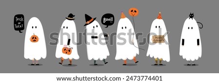 Happy halloween party greeting card with cute ghost and fancy hat. Holidays cartoon character. -Vector