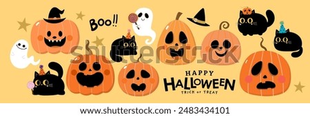 Happy halloween party invitation card with spooky pumpkin, cute black cat and ghost. Holidays cartoon character. -Vector
