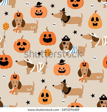 Happy halloween party seamless pattern background with cute dachshund puppy dog, spooky pumpkin and fancy hat. Holidays cartoon character. -Vector