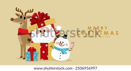 Merry Christmas and happy new year with Santa Claus, snowman and deer. Holiday cartoon character in winter season. -Vector