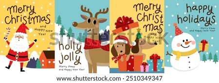 Merry Christmas and happy new year with Santa Claus, deer and dog. Holiday cartoon character in winter season. -Vector