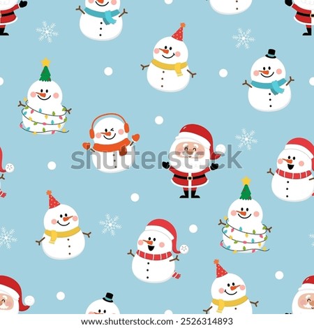 Merry Christmas greeting card background. Santa Claus and snowman seamless pattern. Cute holiday cartoon character vector.