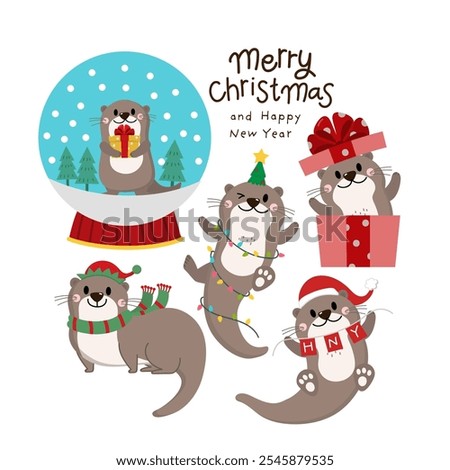 Cute otter in winter costume for Christmas holidays and gift. Animal wildlife in xmas cartoon character set. -Vector